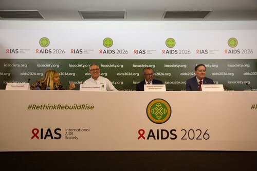 AIDS 2026, the 26th International AIDS Conference. Rio de Janeiro, Brazil.
Monday, 27 July 2026

ME. Media Briefing
In the photo: Tara Mansell, Alexandre Padilha, Tedros Adhanom Ghebreyesus, Jarbas Barbosa.

©️ Andréa Testoni / IAS