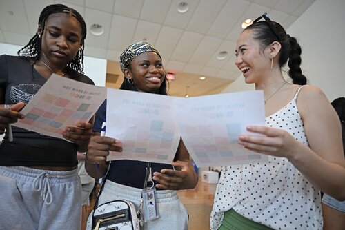 First year students in the Genesis pre-orientation program, and their mentors, play a series of team-building games Tuesday, August 25, 2026 int he 1941 Room. (Connecticut College photos by Sean D. Elliot)