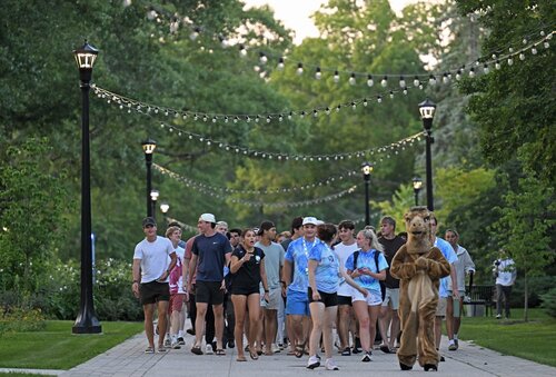 Members of the Class of 2030 gather for the New Camel Walk Wednesday, August 26, 2026 from the Crozier-Williams patio to the Athey Center for Performance and Research at Palmer Auditorium. (Connecticut College photos by Sean D. Elliot)