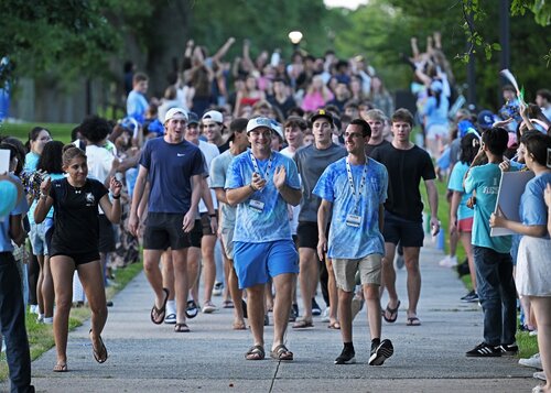 Members of the Class of 2030 gather for the New Camel Walk Wednesday, August 26, 2026 from the Crozier-Williams patio to the Athey Center for Performance and Research at Palmer Auditorium. (Connecticut College photos by Sean D. Elliot)