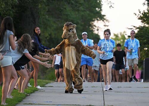 Members of the Class of 2030 gather for the New Camel Walk Wednesday, August 26, 2026 from the Crozier-Williams patio to the Athey Center for Performance and Research at Palmer Auditorium. (Connecticut College photos by Sean D. Elliot)