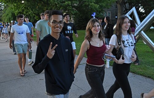 Members of the Class of 2030 gather for the New Camel Walk Wednesday, August 26, 2026 from the Crozier-Williams patio to the Athey Center for Performance and Research at Palmer Auditorium. (Connecticut College photos by Sean D. Elliot)