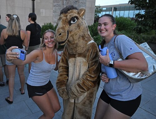 Members of the Class of 2030 gather for the New Camel Walk Wednesday, August 26, 2026 from the Crozier-Williams patio to the Athey Center for Performance and Research at Palmer Auditorium. (Connecticut College photos by Sean D. Elliot)