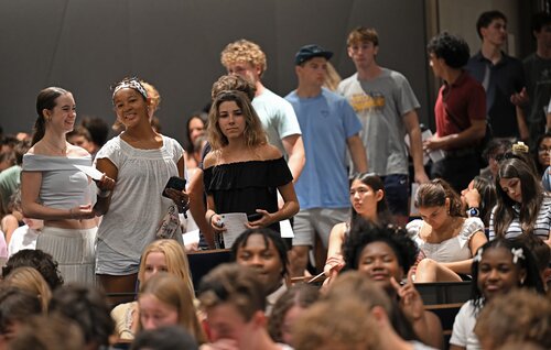 Members of the Class of 2030 mark the start of the academic year with the 112th Convocation Monday, August 31, 2026 at The Athey Center for Performance and Research at Palmer Auditorium. President Andrea Chapdelaine called together the College community and officially proclaimed the opening of the academic year. Julia Flagg, Associate Professor of Sociology and Environmental Studies, and winner of the 2026 John S. King Faculty Award for Excellence in Teaching, delivered the keynote address. (Connecticut College photos by Sean D. Elliot)