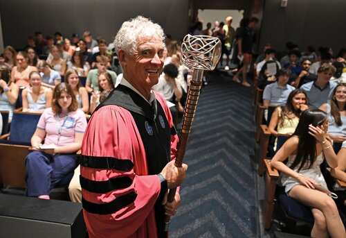 Members of the Class of 2030 mark the start of the academic year with the 112th Convocation Monday, August 31, 2026 at The Athey Center for Performance and Research at Palmer Auditorium. President Andrea Chapdelaine called together the College community and officially proclaimed the opening of the academic year. Julia Flagg, Associate Professor of Sociology and Environmental Studies, and winner of the 2026 John S. King Faculty Award for Excellence in Teaching, delivered the keynote address. (Connecticut College photos by Sean D. Elliot)