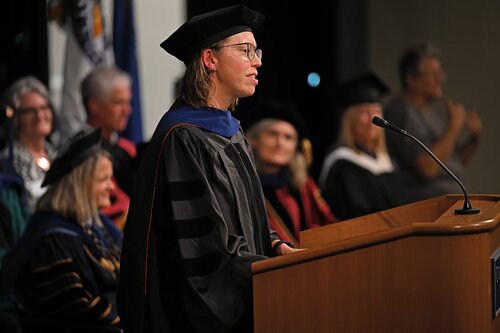 Members of the Class of 2030 mark the start of the academic year with the 112th Convocation Monday, August 31, 2026 at The Athey Center for Performance and Research at Palmer Auditorium. President Andrea Chapdelaine called together the College community and officially proclaimed the opening of the academic year. Julia Flagg, Associate Professor of Sociology and Environmental Studies, and winner of the 2026 John S. King Faculty Award for Excellence in Teaching, delivered the keynote address. (Connecticut College photos by Sean D. Elliot)