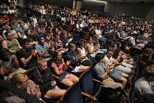 Members of the Class of 2030 gather for the final two sessions, covering well being and engagement, in their Welcome Weekend orientation Monday, August 31, 2026 in Palmer Auditorium. (Connecticut College photos by Sean D. Elliot)