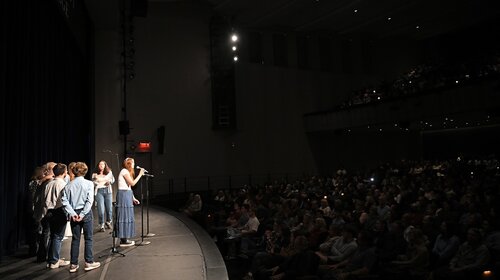 All seven college a cappella groups; Miss Connduct, Williams Street Mix, Shwiffs, Vox Cameli, Conn Chords, Conn Artists, and Co Co Beaux, perform at the Fall Weekend A Cappella Concert Saturday, October 10, 2026 in Palmer Auditorium. (Connecticut College photos by Sean D. Elliot)
