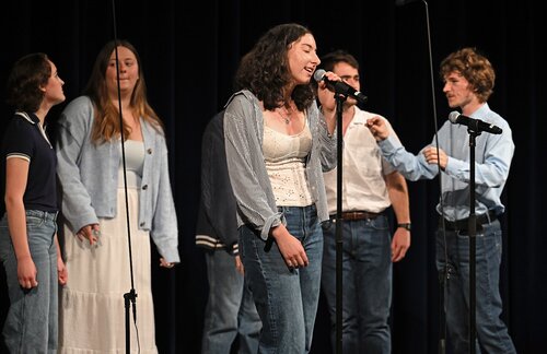 All seven college a cappella groups; Miss Connduct, Williams Street Mix, Shwiffs, Vox Cameli, Conn Chords, Conn Artists, and Co Co Beaux, perform at the Fall Weekend A Cappella Concert Saturday, October 10, 2026 in Palmer Auditorium. (Connecticut College photos by Sean D. Elliot)