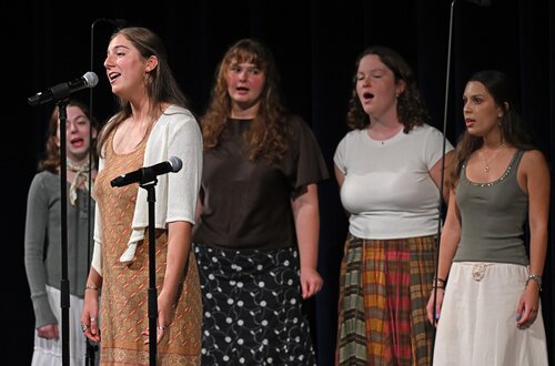 All seven college a cappella groups; Miss Connduct, Williams Street Mix, Shwiffs, Vox Cameli, Conn Chords, Conn Artists, and Co Co Beaux, perform at the Fall Weekend A Cappella Concert Saturday, October 10, 2026 in Palmer Auditorium. (Connecticut College photos by Sean D. Elliot)