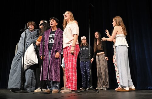 All seven college a cappella groups; Miss Connduct, Williams Street Mix, Shwiffs, Vox Cameli, Conn Chords, Conn Artists, and Co Co Beaux, perform at the Fall Weekend A Cappella Concert Saturday, October 10, 2026 in Palmer Auditorium. (Connecticut College photos by Sean D. Elliot)