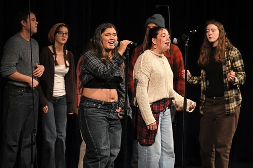 All seven college a cappella groups; Miss Connduct, Williams Street Mix, Shwiffs, Vox Cameli, Conn Chords, Conn Artists, and Co Co Beaux, perform at the Fall Weekend A Cappella Concert Saturday, October 10, 2026 in Palmer Auditorium. (Connecticut College photos by Sean D. Elliot)