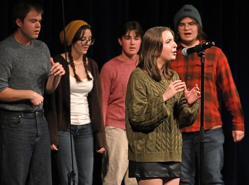 All seven college a cappella groups; Miss Connduct, Williams Street Mix, Shwiffs, Vox Cameli, Conn Chords, Conn Artists, and Co Co Beaux, perform at the Fall Weekend A Cappella Concert Saturday, October 10, 2026 in Palmer Auditorium. (Connecticut College photos by Sean D. Elliot)
