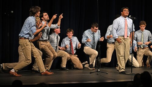 All seven college a cappella groups; Miss Connduct, Williams Street Mix, Shwiffs, Vox Cameli, Conn Chords, Conn Artists, and Co Co Beaux, perform at the Fall Weekend A Cappella Concert Saturday, October 10, 2026 in Palmer Auditorium. (Connecticut College photos by Sean D. Elliot)